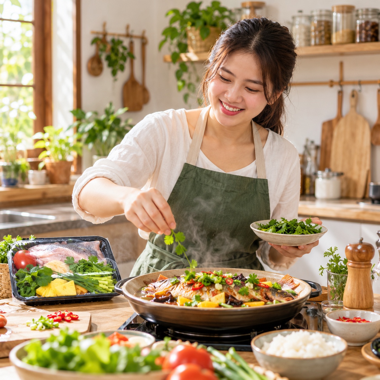 Cô gái vui vẻ vào bếp chuẩn bị món ăn với nguyên liệu Nếp Nhà