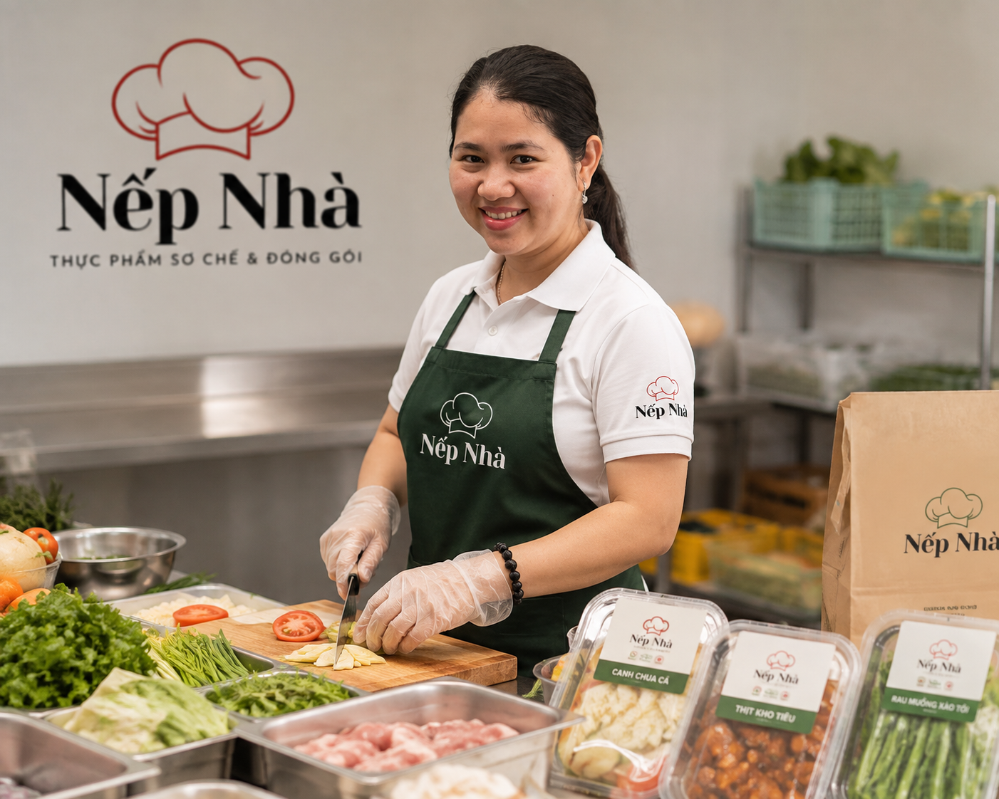 Đội ngũ Nếp Nhà tại căn bếp chuẩn bị thực phẩm