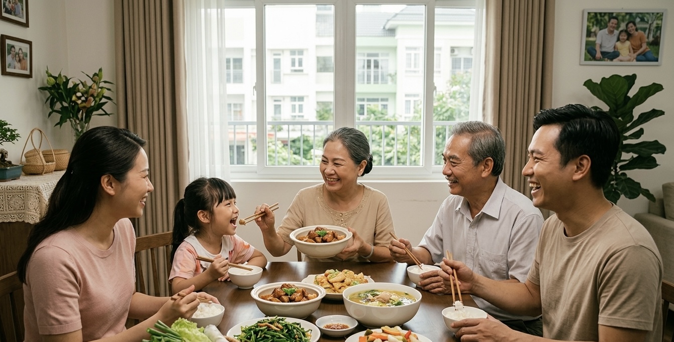 Gia đình Việt Nam quây quần bên bữa cơm Nếp Nhà