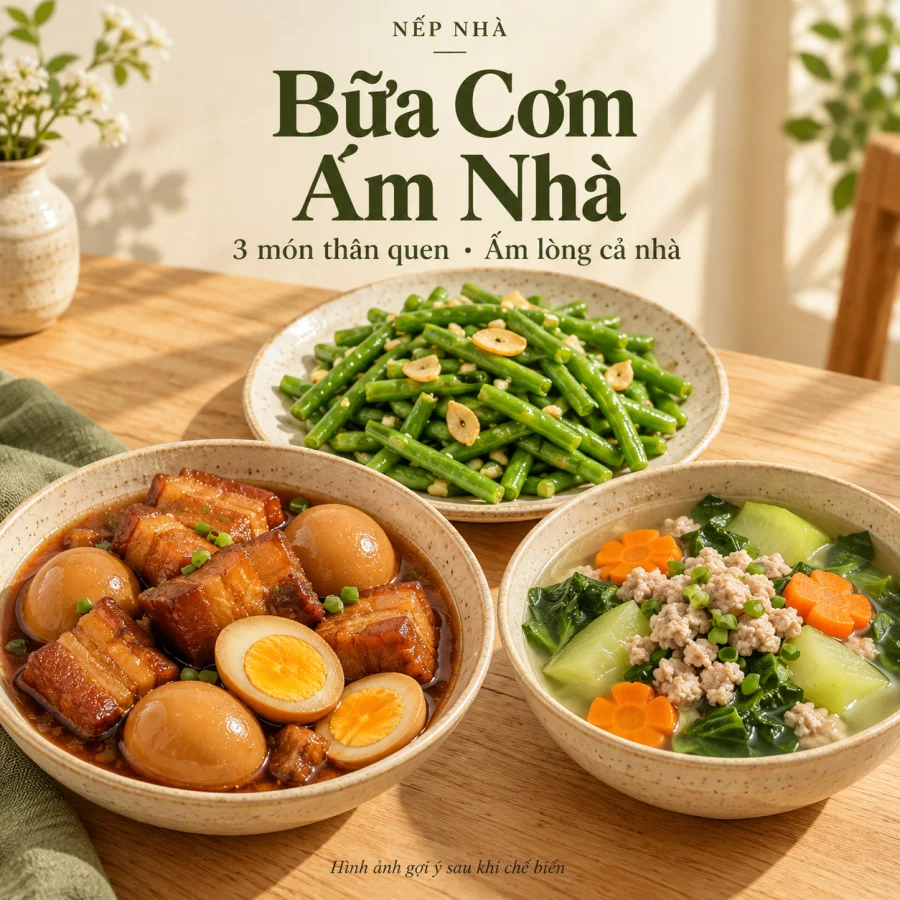 Gợi ý cách đặt món mặn, rau và canh cạnh nhau trong một mâm cơm. Ảnh Nếp Nhà.